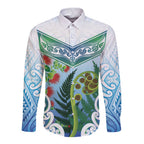 Aotearoa New Zealand Natural Plants Long Sleeve Button Shirt Pohutukawa with Silver Ferns Koru Frond Maori Tattoos
