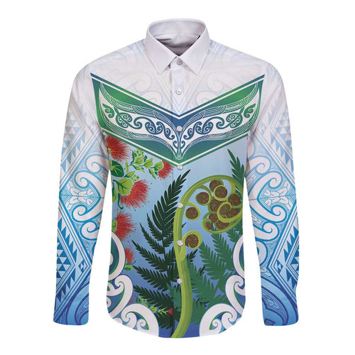 Aotearoa New Zealand Natural Plants Long Sleeve Button Shirt Pohutukawa with Silver Ferns Koru Frond Maori Tattoos