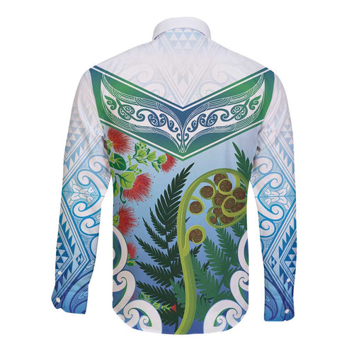 Aotearoa New Zealand Natural Plants Long Sleeve Button Shirt Pohutukawa with Silver Ferns Koru Frond Maori Tattoos