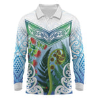 Aotearoa New Zealand Natural Plants Long Sleeve Polo Shirt Pohutukawa with Silver Ferns Koru Frond Maori Tattoos