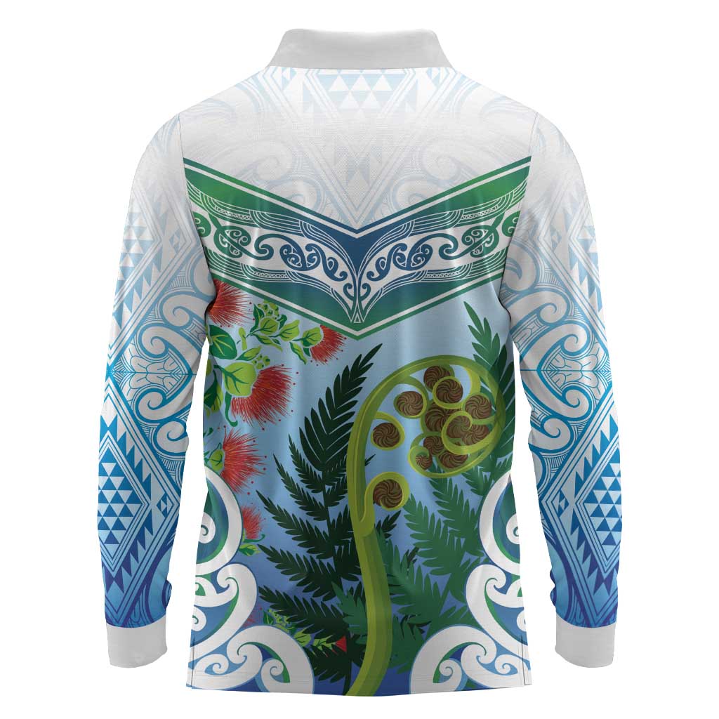 Aotearoa New Zealand Natural Plants Long Sleeve Polo Shirt Pohutukawa with Silver Ferns Koru Frond Maori Tattoos