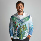 Aotearoa New Zealand Natural Plants Long Sleeve Polo Shirt Pohutukawa with Silver Ferns Koru Frond Maori Tattoos