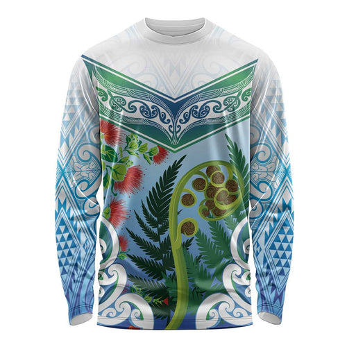 Aotearoa New Zealand Natural Plants Long Sleeve Shirt Pohutukawa with Silver Ferns Koru Frond Maori Tattoos
