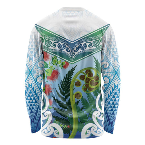 Aotearoa New Zealand Natural Plants Long Sleeve Shirt Pohutukawa with Silver Ferns Koru Frond Maori Tattoos