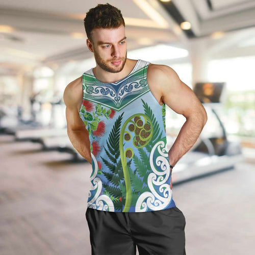 Aotearoa New Zealand Natural Plants Men Tank Top Pohutukawa with Silver Ferns Koru Frond Maori Tattoos
