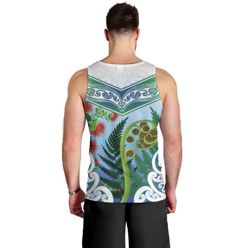 Aotearoa New Zealand Natural Plants Men Tank Top Pohutukawa with Silver Ferns Koru Frond Maori Tattoos