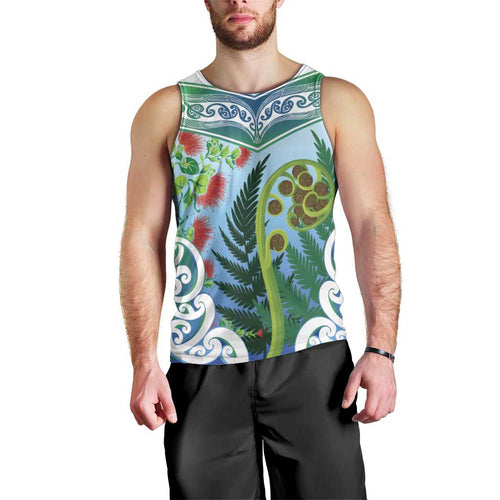 Aotearoa New Zealand Natural Plants Men Tank Top Pohutukawa with Silver Ferns Koru Frond Maori Tattoos