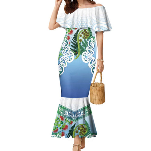 Aotearoa New Zealand Natural Plants Mermaid Dress Pohutukawa with Silver Ferns Koru Frond Maori Tattoos