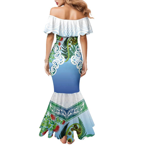 Aotearoa New Zealand Natural Plants Mermaid Dress Pohutukawa with Silver Ferns Koru Frond Maori Tattoos