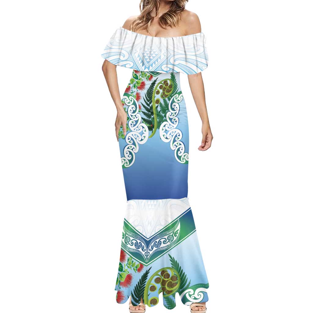 Aotearoa New Zealand Natural Plants Mermaid Dress Pohutukawa with Silver Ferns Koru Frond Maori Tattoos