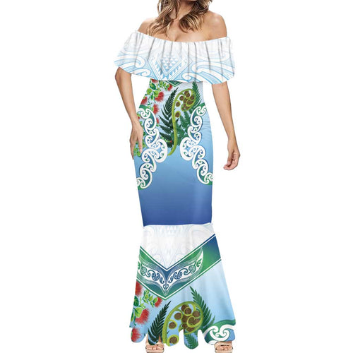 Aotearoa New Zealand Natural Plants Mermaid Dress Pohutukawa with Silver Ferns Koru Frond Maori Tattoos