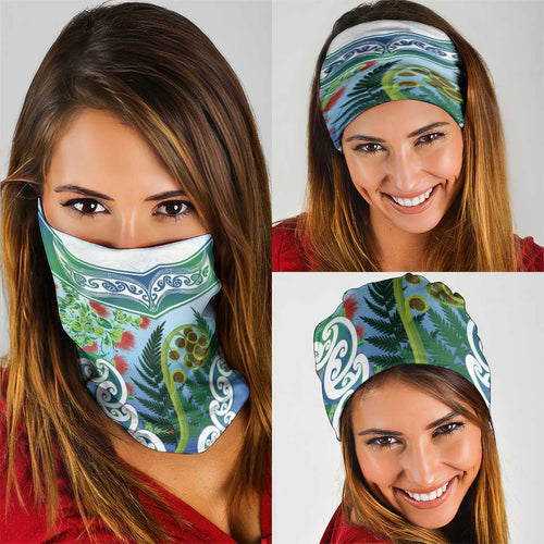 Aotearoa New Zealand Natural Plants Neck Gaiter Pohutukawa with Silver Ferns Koru Frond Maori Tattoos
