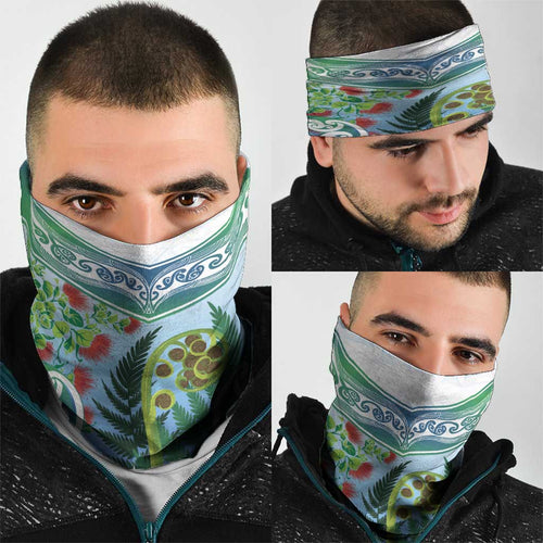 Aotearoa New Zealand Natural Plants Neck Gaiter Pohutukawa with Silver Ferns Koru Frond Maori Tattoos