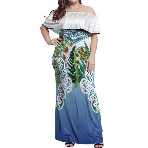 Aotearoa New Zealand Natural Plants Off Shoulder Maxi Dress Pohutukawa with Silver Ferns Koru Frond Maori Tattoos