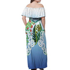Aotearoa New Zealand Natural Plants Off Shoulder Maxi Dress Pohutukawa with Silver Ferns Koru Frond Maori Tattoos