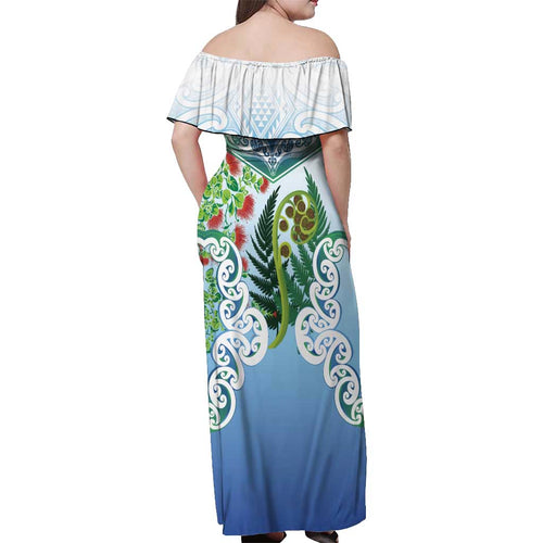 Aotearoa New Zealand Natural Plants Off Shoulder Maxi Dress Pohutukawa with Silver Ferns Koru Frond Maori Tattoos
