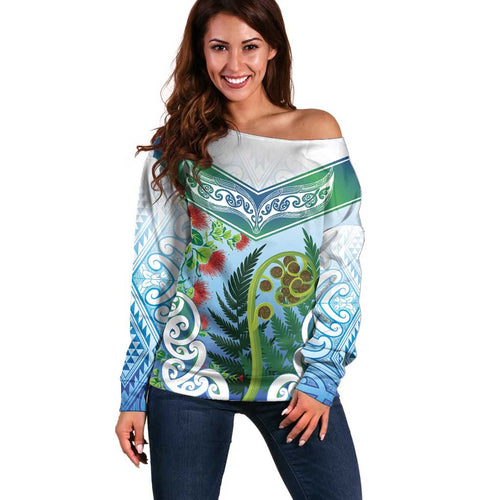 Aotearoa New Zealand Natural Plants Off Shoulder Sweater Pohutukawa with Silver Ferns Koru Frond Maori Tattoos
