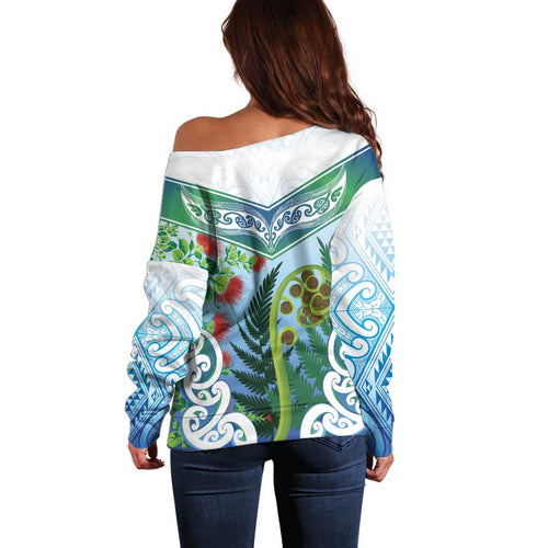 Aotearoa New Zealand Natural Plants Off Shoulder Sweater Pohutukawa with Silver Ferns Koru Frond Maori Tattoos
