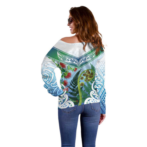Aotearoa New Zealand Natural Plants Off Shoulder Sweater Pohutukawa with Silver Ferns Koru Frond Maori Tattoos