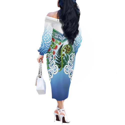 Aotearoa New Zealand Natural Plants Off The Shoulder Long Sleeve Dress Pohutukawa with Silver Ferns Koru Frond Maori Tattoos