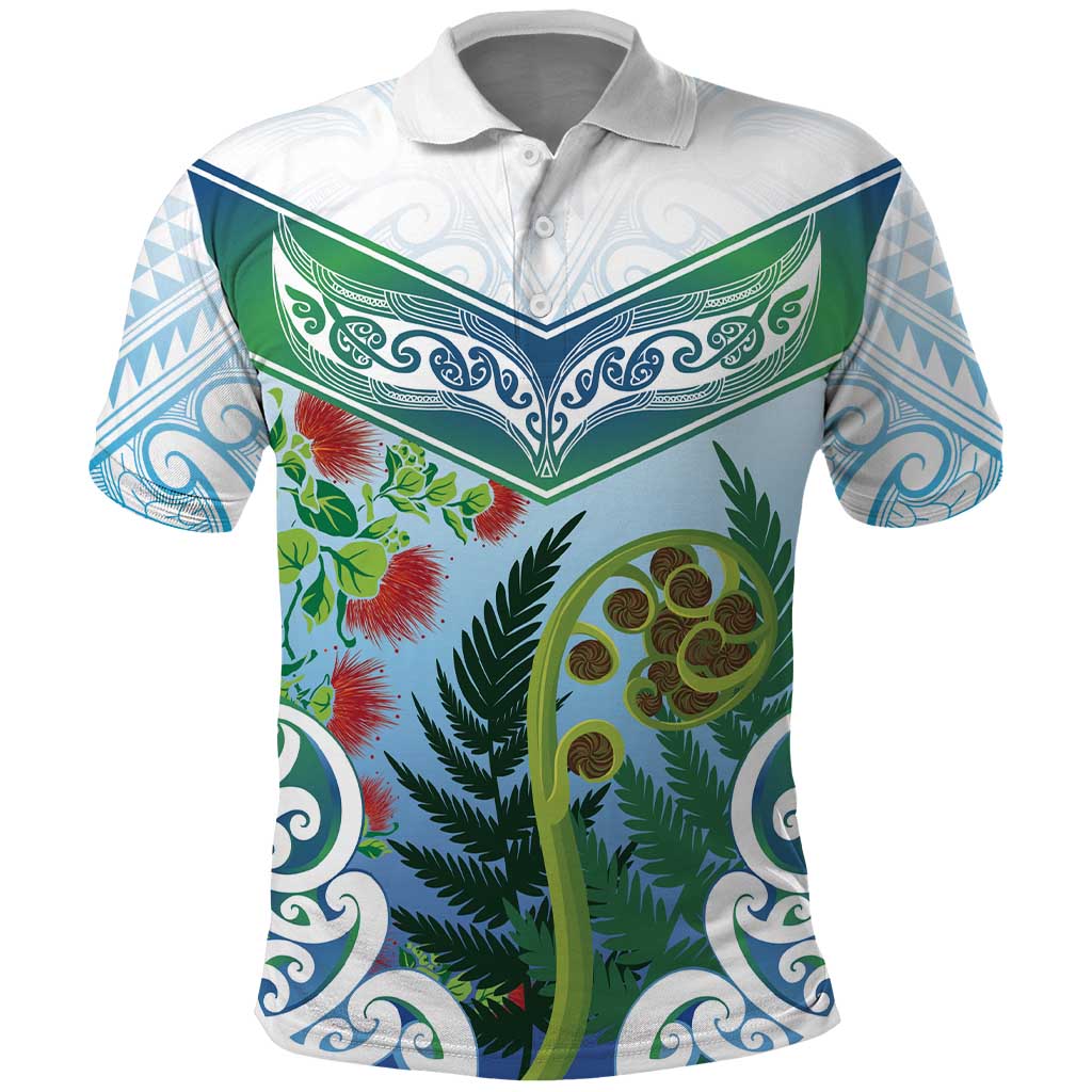 Aotearoa New Zealand Natural Plants Polo Shirt Pohutukawa with Silver Ferns Koru Frond Maori Tattoos