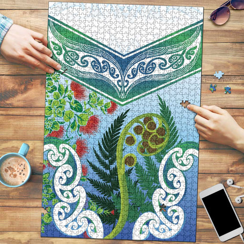 Aotearoa New Zealand Natural Plants Puzzle Pohutukawa with Silver Ferns Koru Frond Maori Tattoos