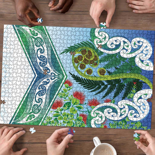 Aotearoa New Zealand Natural Plants Puzzle Pohutukawa with Silver Ferns Koru Frond Maori Tattoos