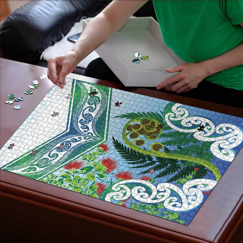Aotearoa New Zealand Natural Plants Puzzle Pohutukawa with Silver Ferns Koru Frond Maori Tattoos