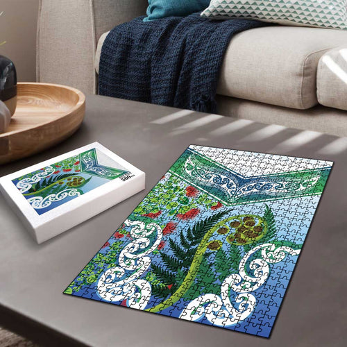 Aotearoa New Zealand Natural Plants Puzzle Pohutukawa with Silver Ferns Koru Frond Maori Tattoos