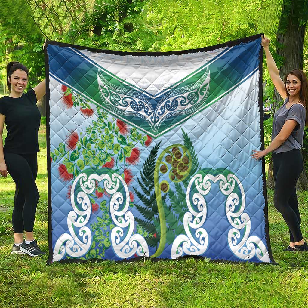 Aotearoa New Zealand Natural Plants Quilt Pohutukawa with Silver Ferns Koru Frond Maori Tattoos
