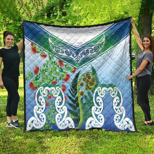 Aotearoa New Zealand Natural Plants Quilt Pohutukawa with Silver Ferns Koru Frond Maori Tattoos