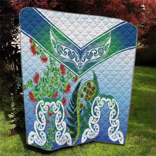 Aotearoa New Zealand Natural Plants Quilt Pohutukawa with Silver Ferns Koru Frond Maori Tattoos