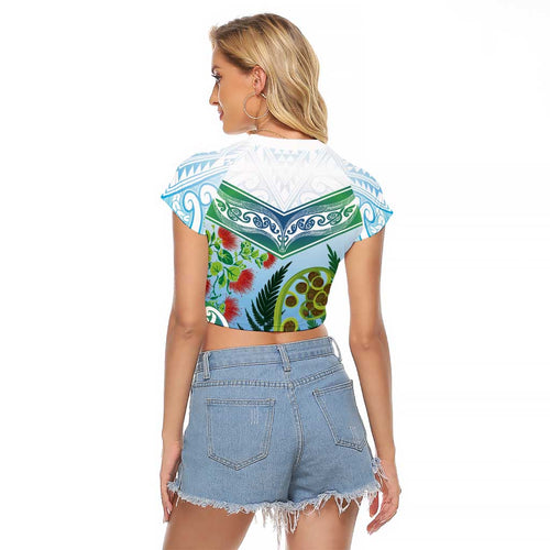 Aotearoa New Zealand Natural Plants Raglan Cropped T Shirt Pohutukawa with Silver Ferns Koru Frond Maori Tattoos