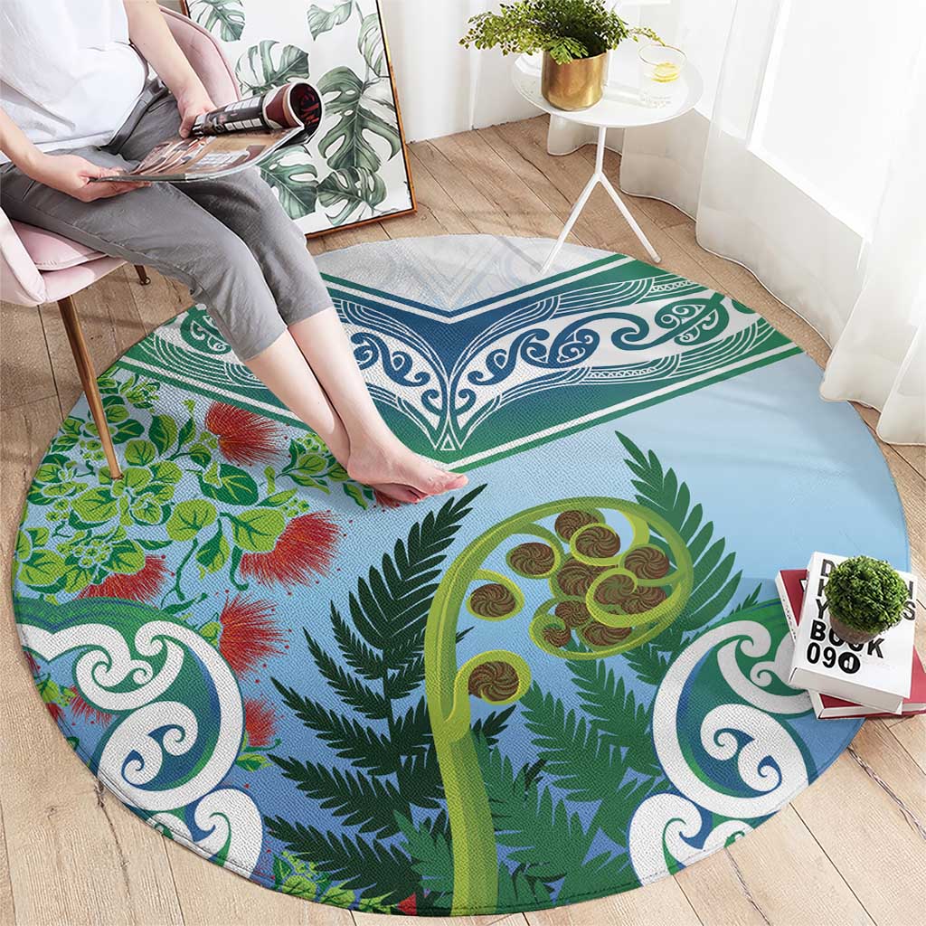 Aotearoa New Zealand Natural Plants Round Carpet Pohutukawa with Silver Ferns Koru Frond Maori Tattoos