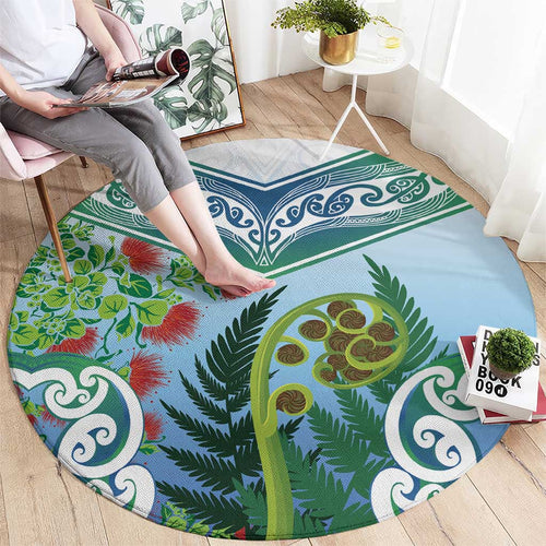 Aotearoa New Zealand Natural Plants Round Carpet Pohutukawa with Silver Ferns Koru Frond Maori Tattoos