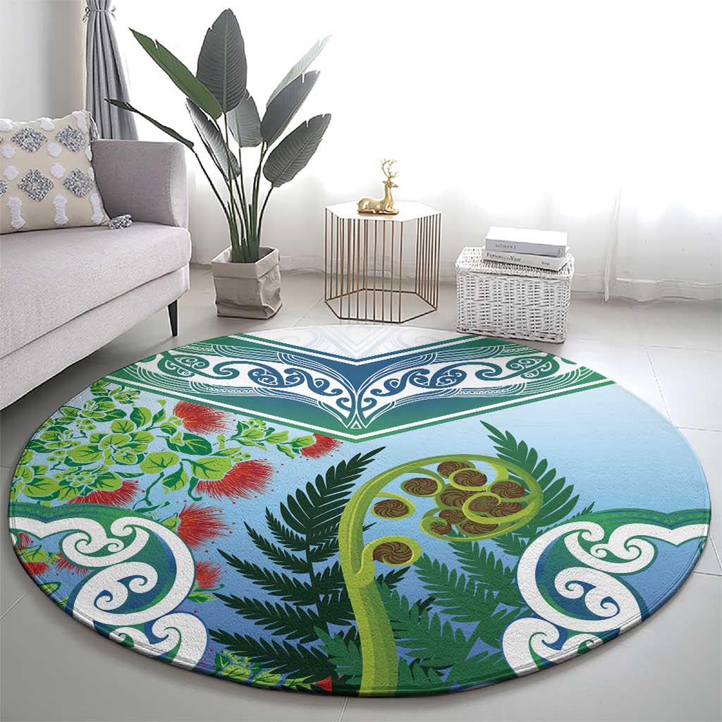 Aotearoa New Zealand Natural Plants Round Carpet Pohutukawa with Silver Ferns Koru Frond Maori Tattoos