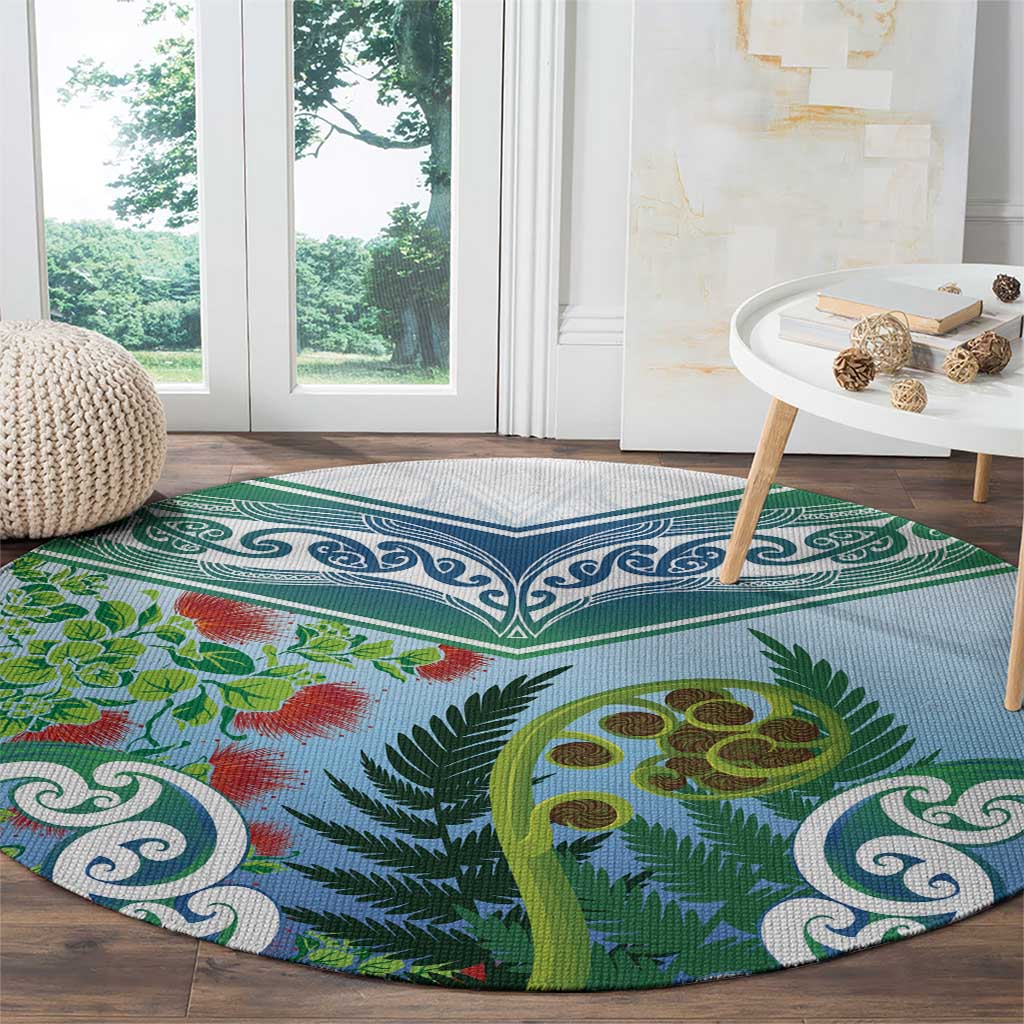 Aotearoa New Zealand Natural Plants Round Carpet Pohutukawa with Silver Ferns Koru Frond Maori Tattoos