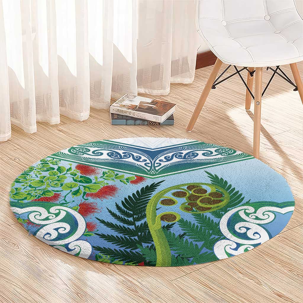 Aotearoa New Zealand Natural Plants Round Carpet Pohutukawa with Silver Ferns Koru Frond Maori Tattoos