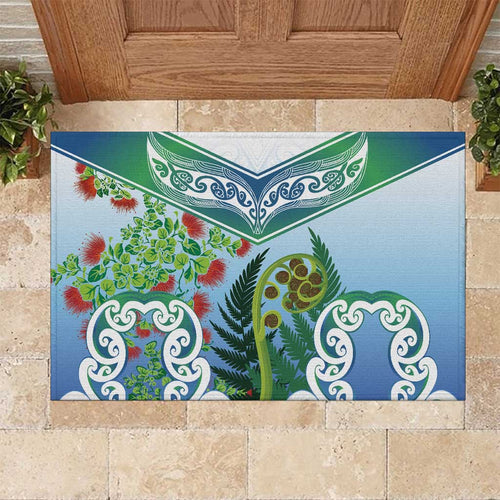 Aotearoa New Zealand Natural Plants Rubber Doormat Pohutukawa with Silver Ferns Koru Frond Maori Tattoos