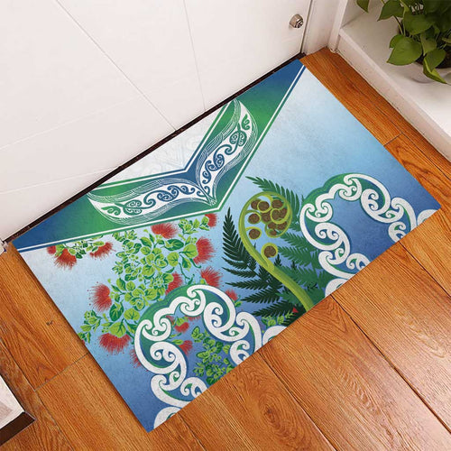 Aotearoa New Zealand Natural Plants Rubber Doormat Pohutukawa with Silver Ferns Koru Frond Maori Tattoos