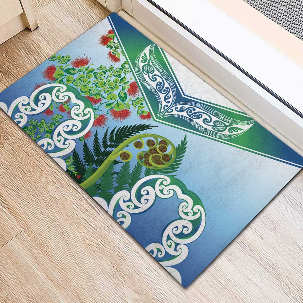 Aotearoa New Zealand Natural Plants Rubber Doormat Pohutukawa with Silver Ferns Koru Frond Maori Tattoos