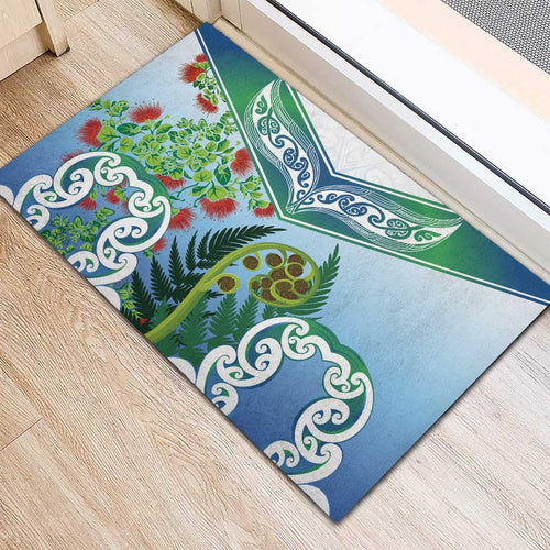 Aotearoa New Zealand Natural Plants Rubber Doormat Pohutukawa with Silver Ferns Koru Frond Maori Tattoos