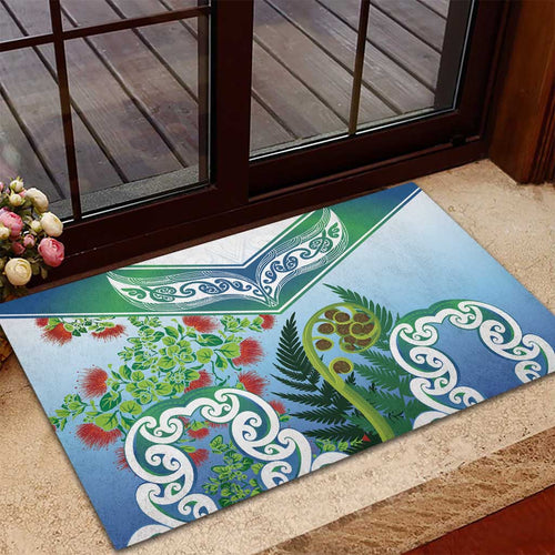 Aotearoa New Zealand Natural Plants Rubber Doormat Pohutukawa with Silver Ferns Koru Frond Maori Tattoos