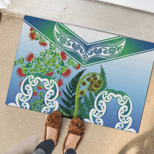 Aotearoa New Zealand Natural Plants Rubber Doormat Pohutukawa with Silver Ferns Koru Frond Maori Tattoos