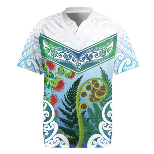 Aotearoa New Zealand Natural Plants Rugby Jersey Pohutukawa with Silver Ferns Koru Frond Maori Tattoos