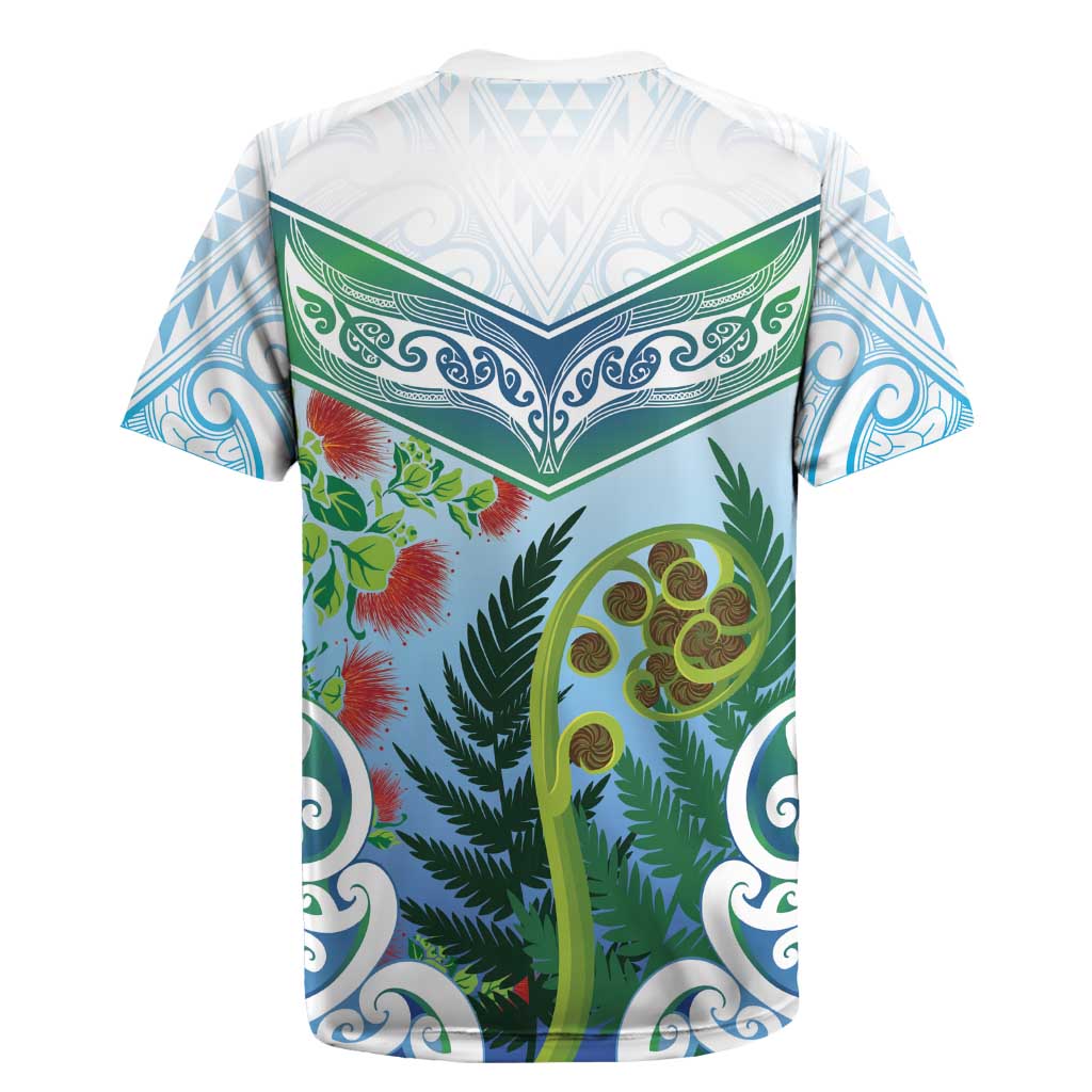 Aotearoa New Zealand Natural Plants Rugby Jersey Pohutukawa with Silver Ferns Koru Frond Maori Tattoos