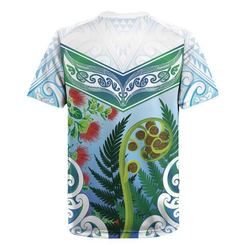 Aotearoa New Zealand Natural Plants Rugby Jersey Pohutukawa with Silver Ferns Koru Frond Maori Tattoos