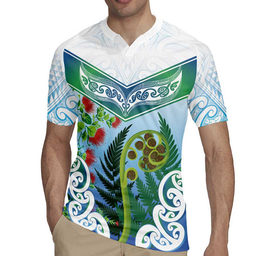 Aotearoa New Zealand Natural Plants Rugby Jersey Pohutukawa with Silver Ferns Koru Frond Maori Tattoos