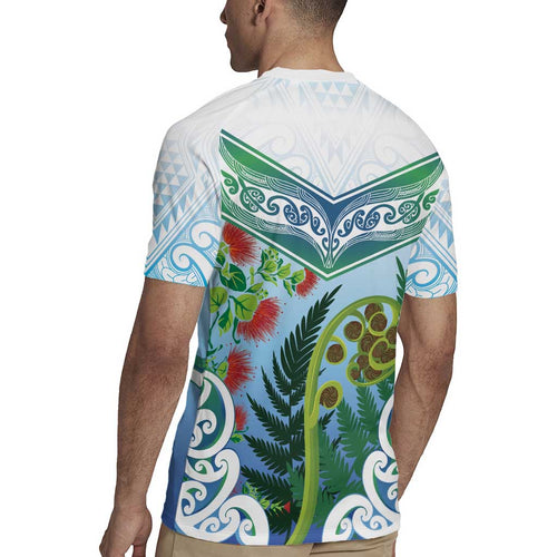 Aotearoa New Zealand Natural Plants Rugby Jersey Pohutukawa with Silver Ferns Koru Frond Maori Tattoos
