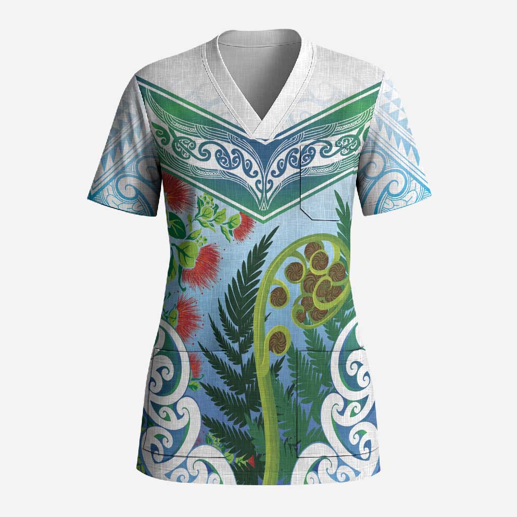 Aotearoa New Zealand Natural Plants Scrub Top Pohutukawa with Silver Ferns Koru Frond Maori Tattoos